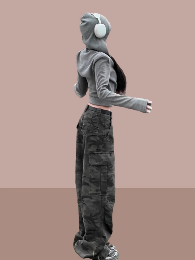 التمويه العمل السراويل النسائية ربيع الخريف جديد Sle كوي الجافة المشي لمسافات طويلة مستقيم الساق الجينز عادية بنطال ذو قصة أرجل واسعة