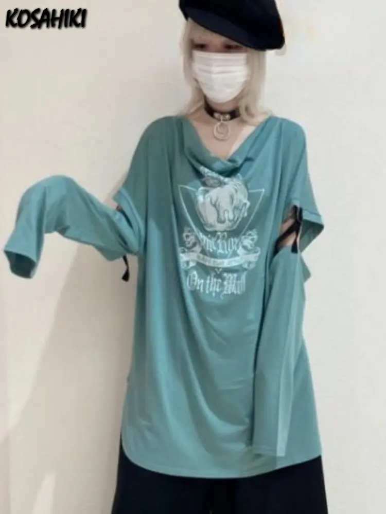 

KOSAHIKI Vintage Graphic Tshirts Contrast Aesthetic Grunge Y2k Tops Women Detachable Long Sleeve Harajuku Streetwear Tee Shirts