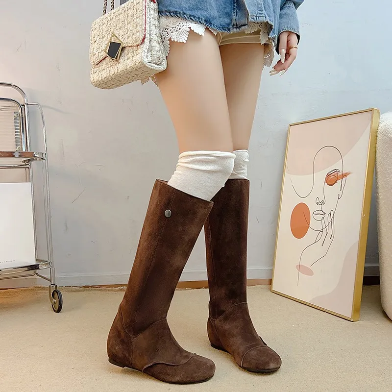 

Inside Heightened Suede Western Tall Boots Women's Fall Winter 2025 Retro Flat Thigh Boots