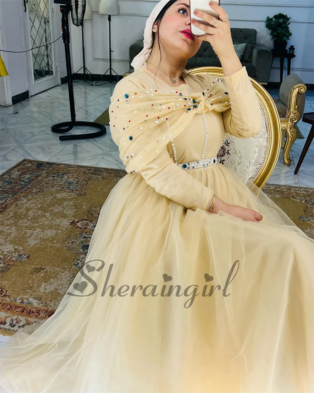 Vestidos de Noche clásicos de SHERAIN, cuello redondo, perlas, diamantes de imitación, mangas completas, drapeados, Largos de Gala, personalizados