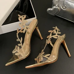 Liyke 2026 Summer Fashion Crystal Rhinestone Gold Leaf Women Sandals Elegant Pointed Open toe Thin High Heels Party Dress Shoes