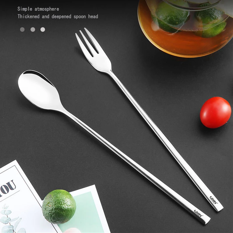 304 Stainless Steel Tea Spoon Long Handle Cocktail Coffee Ice Cream Stirring Scoop Dessert Fork Kitchen Tableware Bar Tools