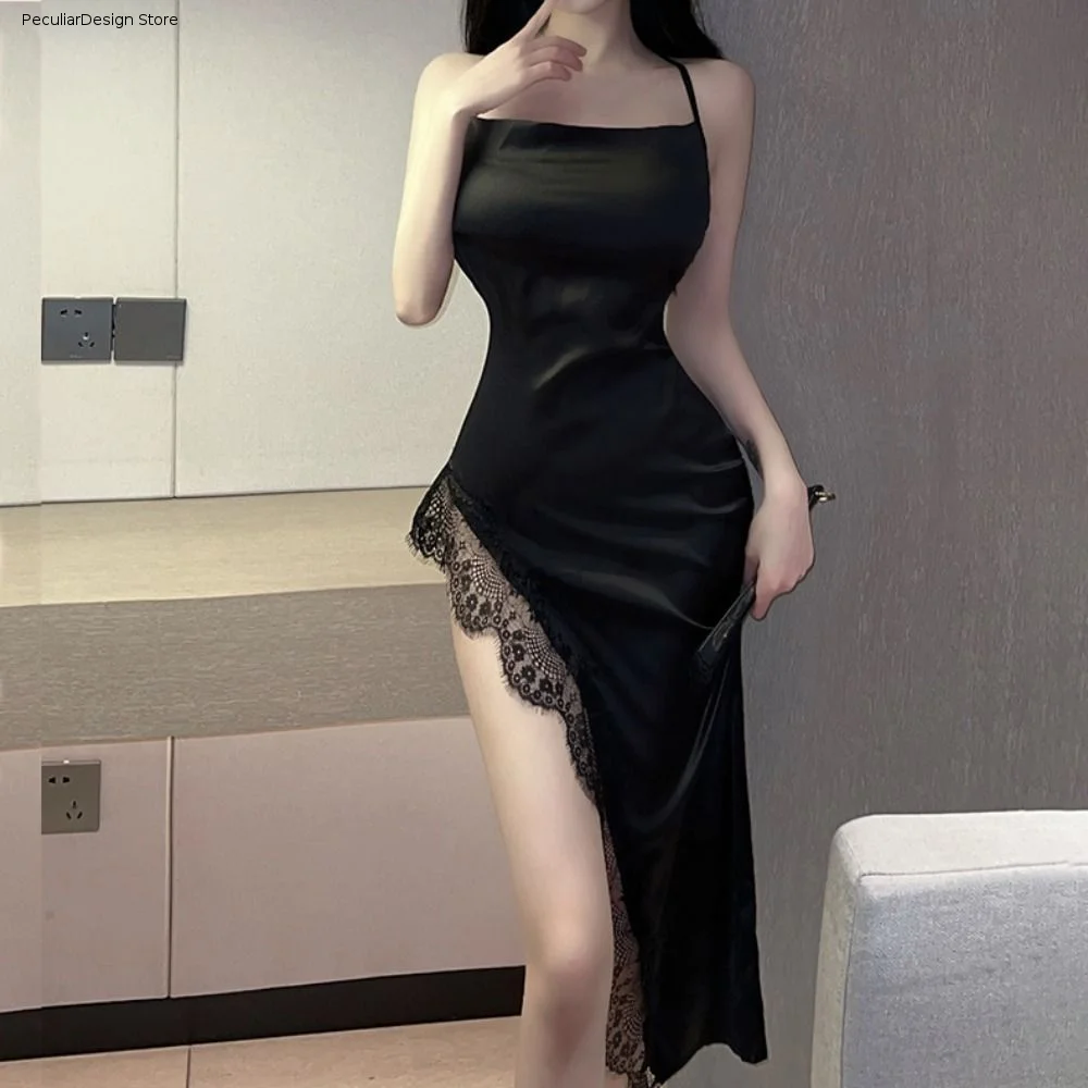 Home Wear Split Women Nightgown V Neck Spaghetti Strap Satin Silk Nightdress Patchwork Beauty-back Lace Pajama Dress Honeymoon