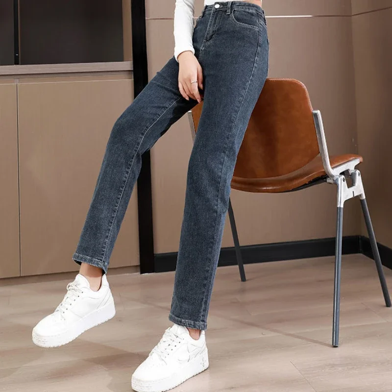 Jeans Women Slim High Waist Casual Straight Korean Style All-Match Fashion Streatwear Plus Velvet Winter Wram Comfortable Trendy