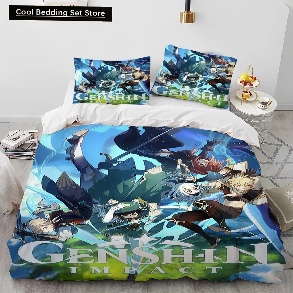 Genshin Impact Game Gamer Cartoon Comforter Bedding Set,Duvet Cover Bed Set Quilt Cover Pillowcase,king Queen Size Bedding Set