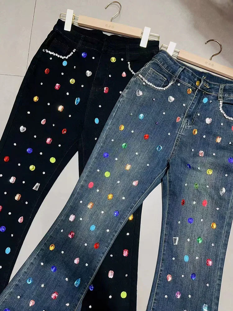 Jeans for Women 2024 Autumn Clothes New Korean Fashion Sweet Denim Pants Color Rhinestone High Waist Slim Lady Bootcut Pants