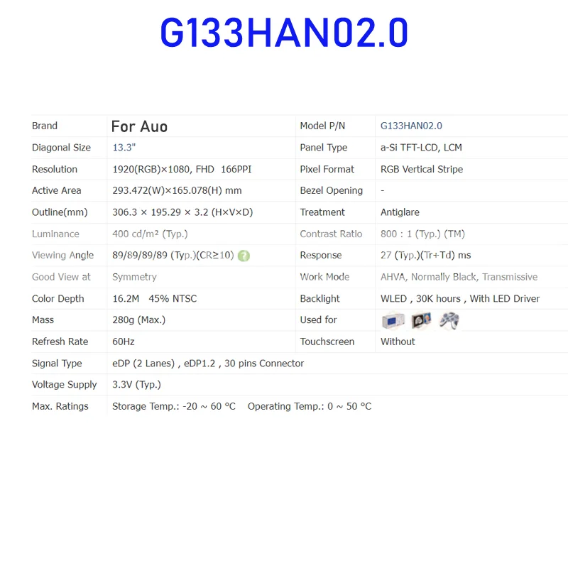 G133HAN02.0 13.3 بوصة شاشة عرض LCD صناعية لوحة شاشة العلامة التجارية الجديدة الأصلية لموصل Auo 30 Pins 100% تم اختبارها