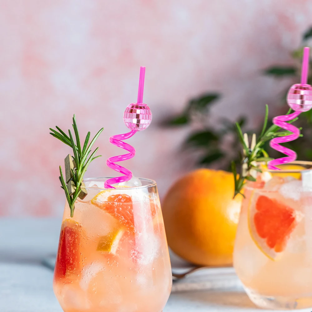 Afbeelding 6: 6/8 Stuks Roze Discobal Swirly Rietjes Set Cocktail Rietjes Disco Bachelorette Decoraties Groovy 70S Disco Verjaardagsfeestje levert