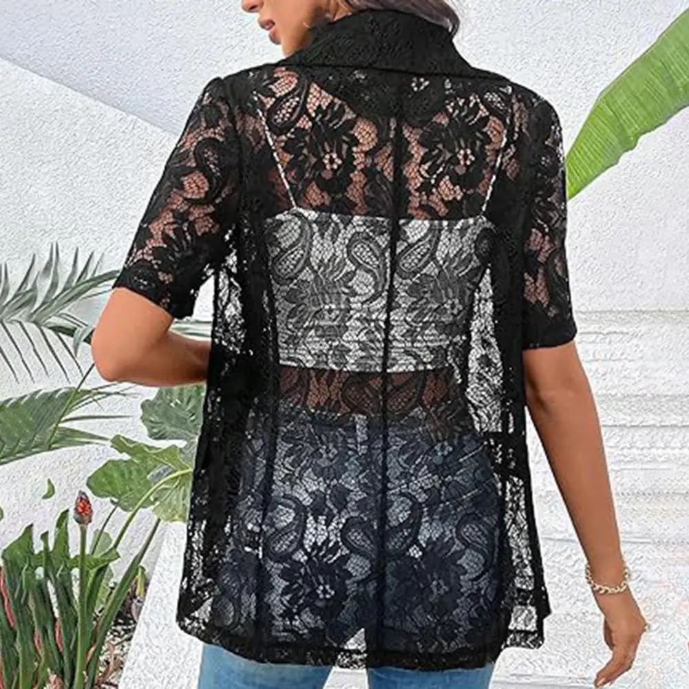 Hollow Lace Lapel Jacket Elegant Lace Cardigan with Lapel Decorative Pockets Women's Short Sleeve Suit Coat with See-through