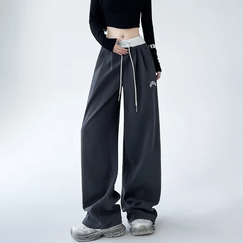 Calças de perna larga cinza das mulheres verão de secagem rápida ajuste relaxado refinado doce juventude romântico férias calças macias highstreet harajuku