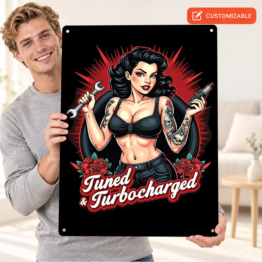 Tuned For Trouble Pin Up Girl Aluminum Poster Personalized Metal Sign Gothic Illustration Wall Art For Lounge Collector Gift