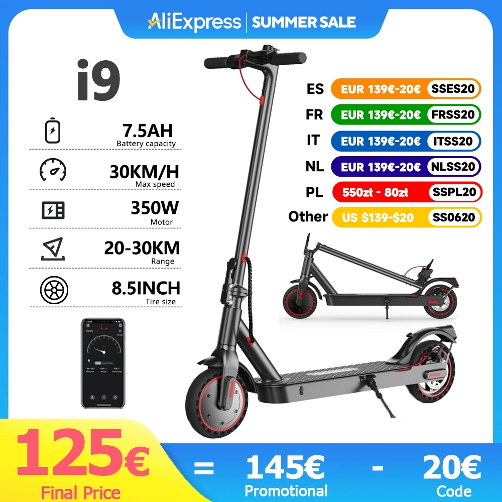 IScooter-patinete eléctrico i9, Motor de 350W, 36V, 7,5 Ah, 30km de alcance, neumático de panal de 8,5 pulgadas, con aplicación ECO Display