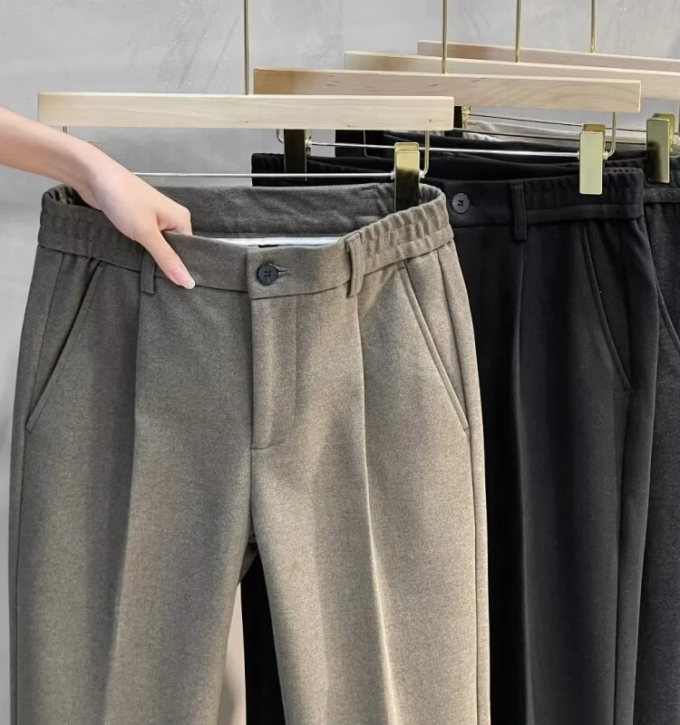 Men's Woolen Straight Leg Thickened Casual Trousers Autumn Winter Fashion Trendy Nine Points Pants mid Waist Long Pants