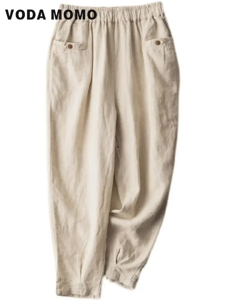 

Женские новые весенне-летние винтажные свободные брюки для отдыха женские с высокой талией однотонные брюки до щиколотки хлопковые льняные повседневные брюки
