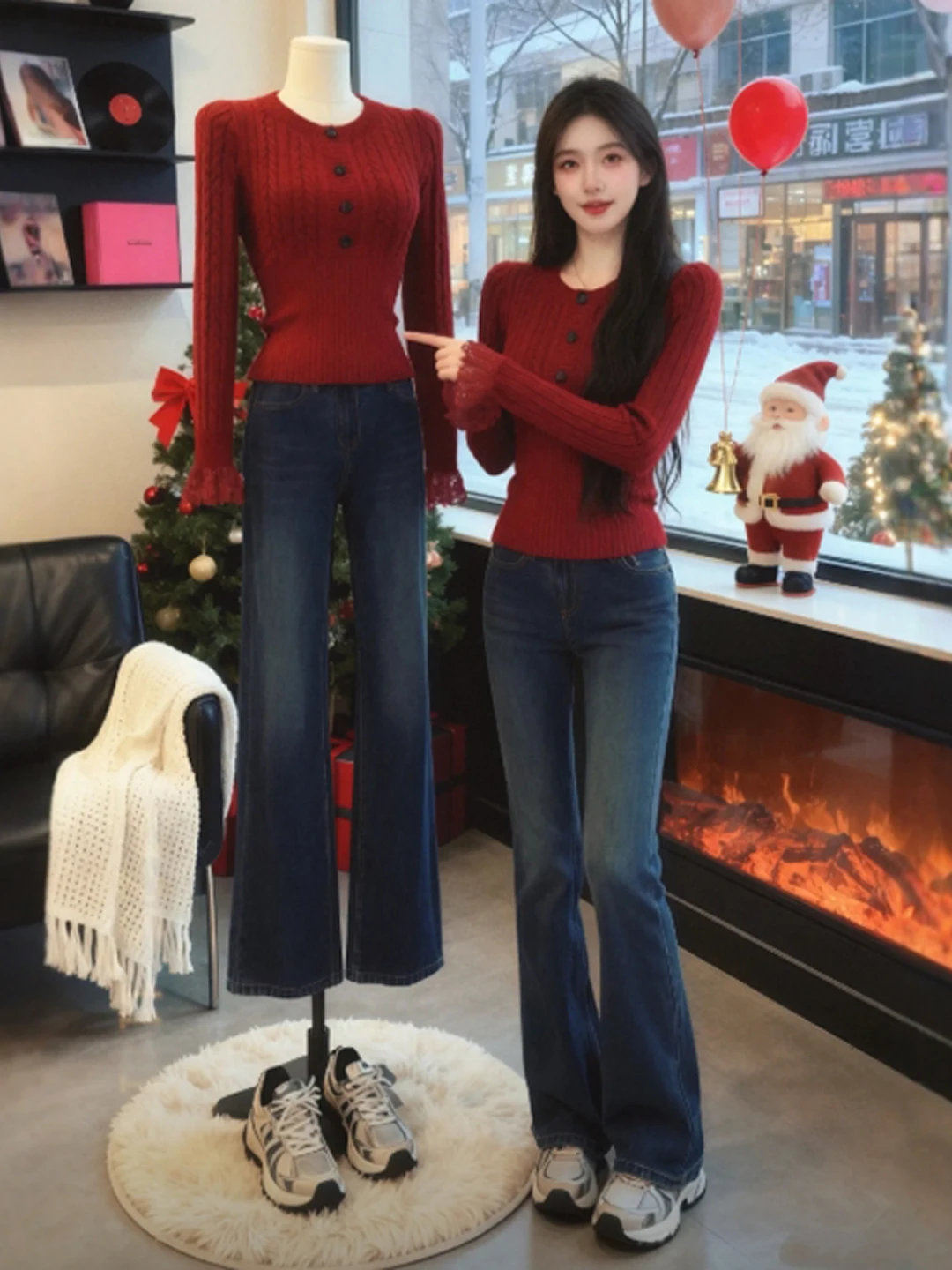 

Slimming Red Knitted Sweater Faionable Korean Sle Long Sve round Ne Color Winter Top for Women And Girls