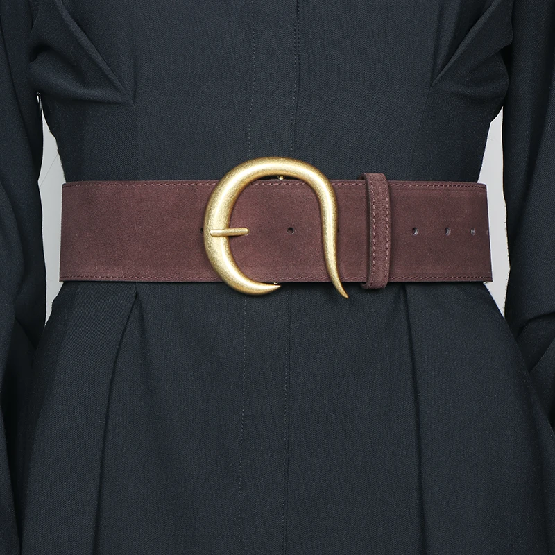 Mode Breite Echtes Leder Frauen Gürtel Design Wildleder Rindsleder Kleid Bündchen Einfache Breite Gürtel Vintage Gold Schnalle Gürtel – Detail 8