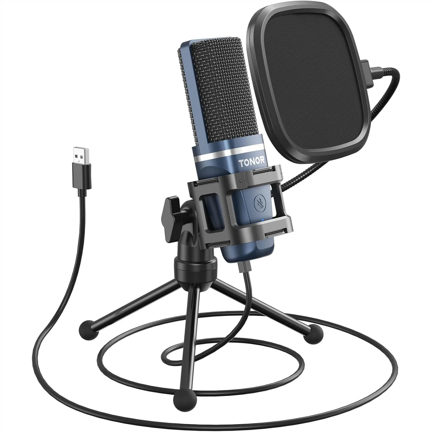 USB Podcast Microphone, Cardioid Condenser PC Mic with Tripod Stand and Pop Filter for Streaming, Recording, Gaming