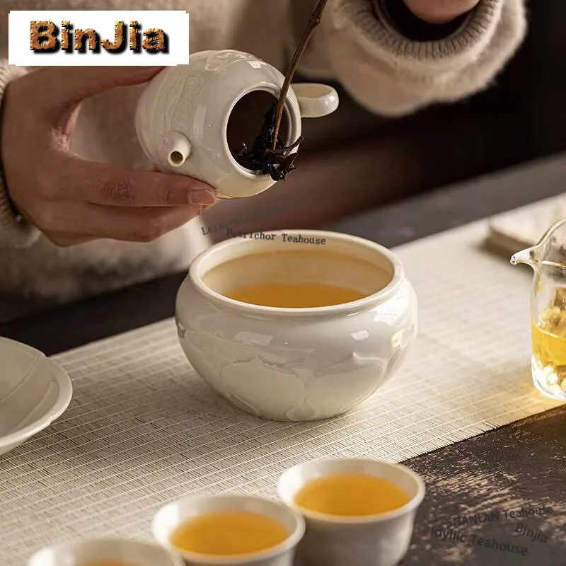 400ml Ding Kiln White Porcelain Jianshui Boutique Relief Lotus Washing Cup Bowl Writing-brush Washer Chaxi Drinkware Decoration