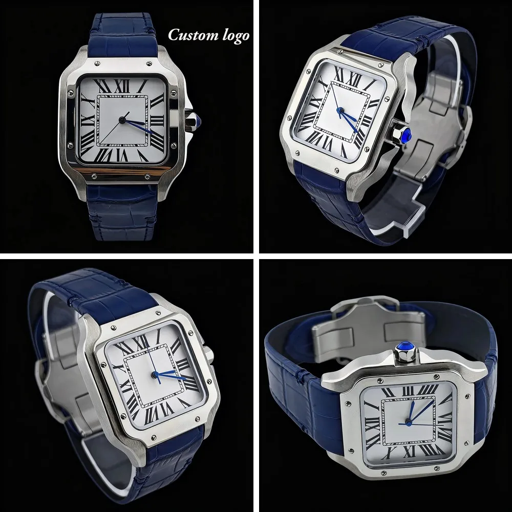 

wholesale price NH35 Automatic Watch 38mm Stainless Steel Men's Custom Logo Blue Leather Strap NH35 Movement