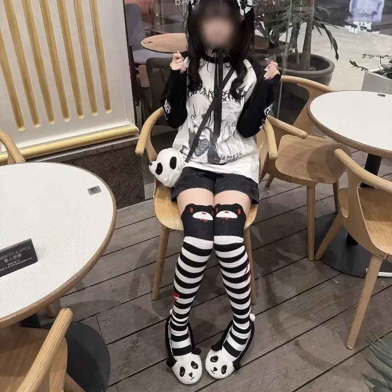 Y2k Punk Pink Blood Bear Long Socks Cartoon Gothic Violent Bear Knee Socks for Slim Women Girl Black Strip Long Thigh High Socks
