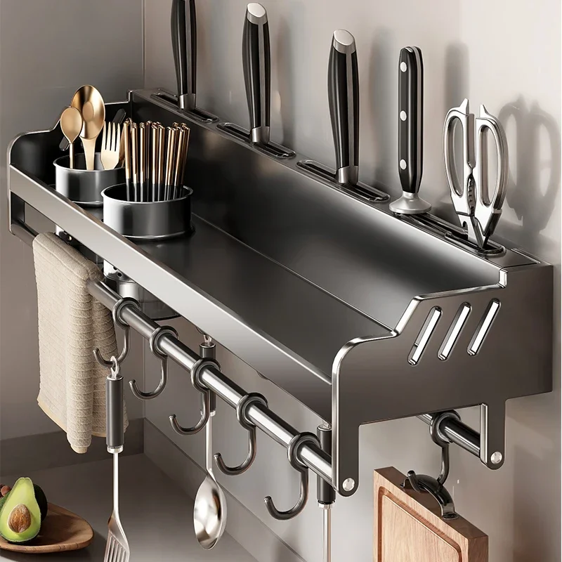 

Stainless steel kitchen rack No punching Household wall-mounted seasonings Chopsticks knife holder Supplies Daquan storage rack