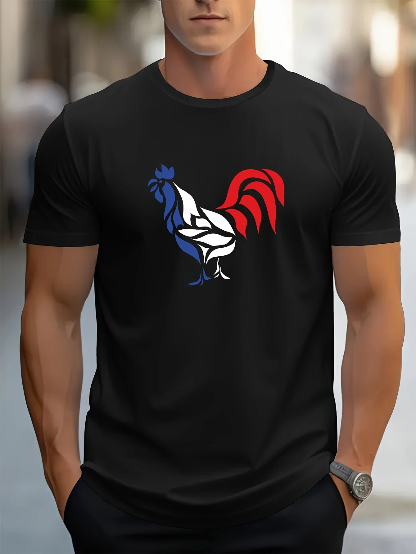 

Oil Painting Rooster French Flag Elements T-Shirt 100% Cotton O-Neck Short Sleeve Summer Casual Mens T-shirt Streetwear