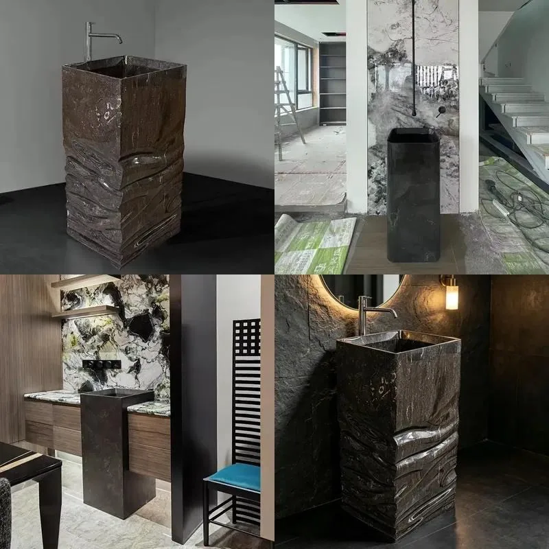 Dark Natural Marble Freestanding Sink Square Tall Column Hand Carved Wavy Surface Modern Bathroom Vessel Wash Basin
