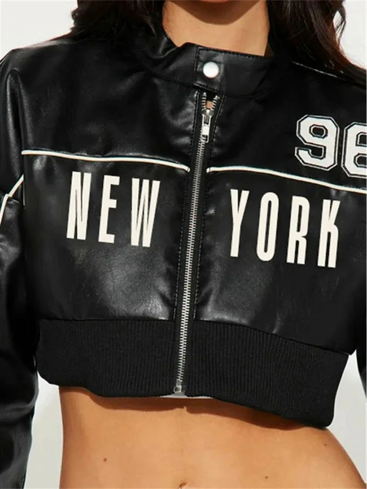 

Black Faux Leather Cropped Bomber Jacket Women Fashion Print Zip-up Long Sleeve Y2k Streetwear New Spring Daily Trendy Outerwear