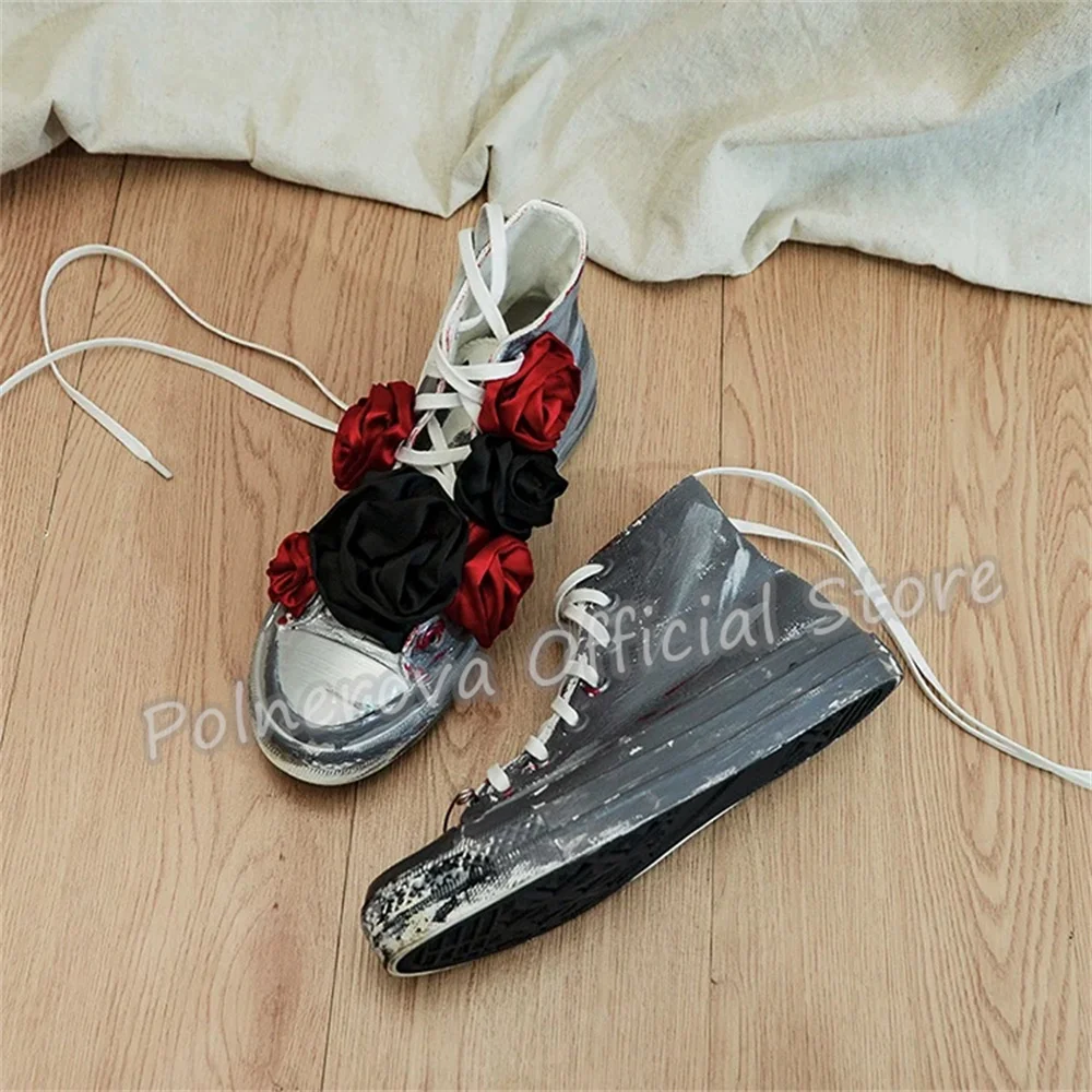 Punk Gothic Graffiti Print High Top Canvas Sneakers Women Irregular Rose Decor Lace Up Sport Shoes Lady Casual Streetwear Shoes