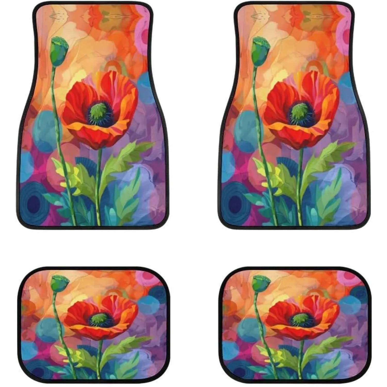 Vibrant Poppy Flower Spring Car Floor Mats - Complete Set Of 4 For Vehicles, Suitable For Suvs, Trucks, Sedans, And Vans