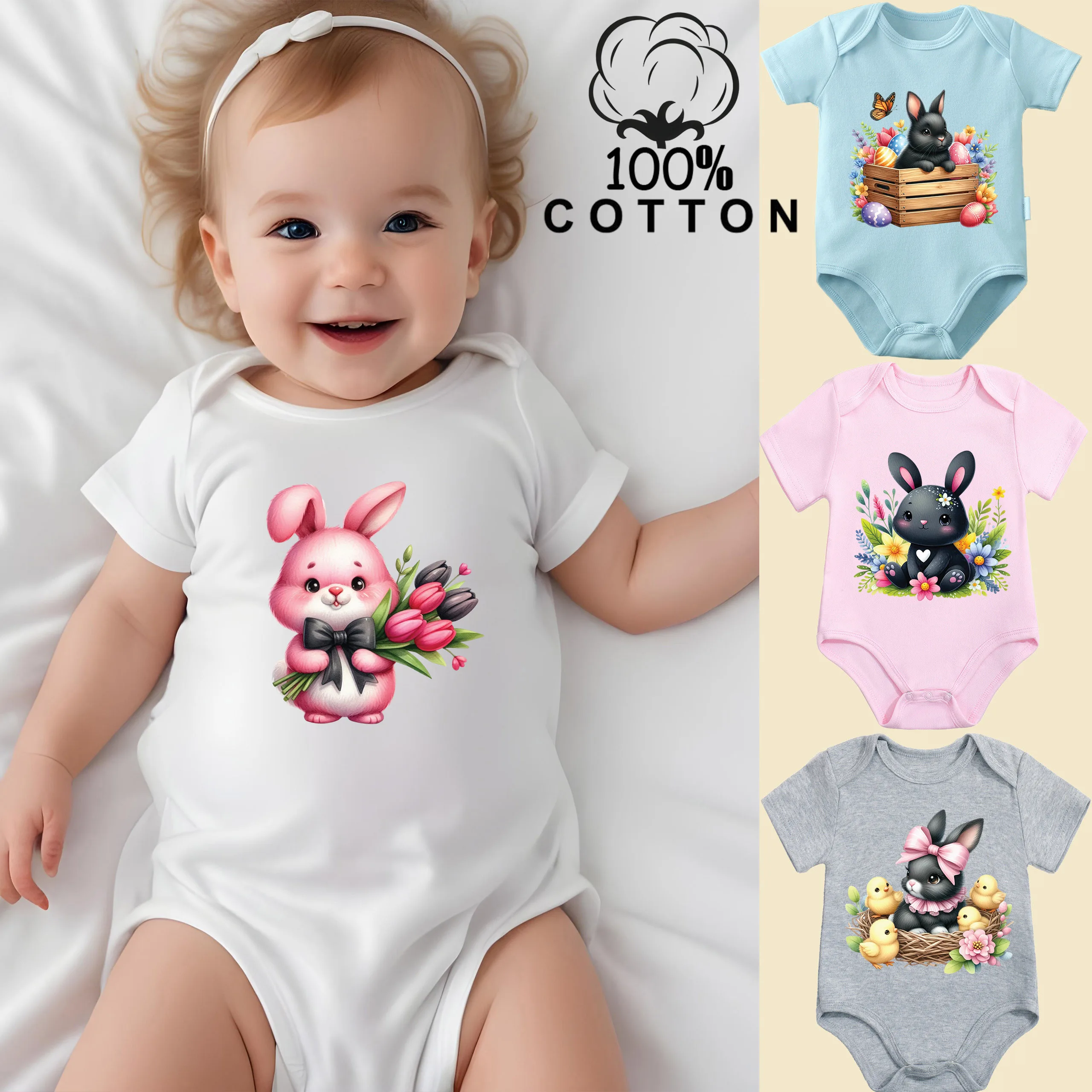 

Комбинезон из 100% хлопка с принтом «Счастливого Пасхального дня» и розовым кроликом, удобная одежда для малышей, комбинезон для новорожденных от 0 до 12 месяцев