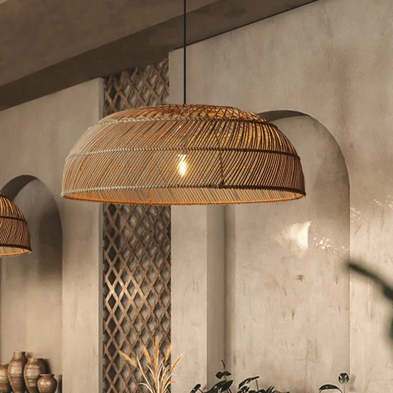 Southeast Asian Semicircle Rattan Lamp Handmade Vintage Pendant Lights for Restaurants Hot Pot Dining Room Rural Pastoral Lamps