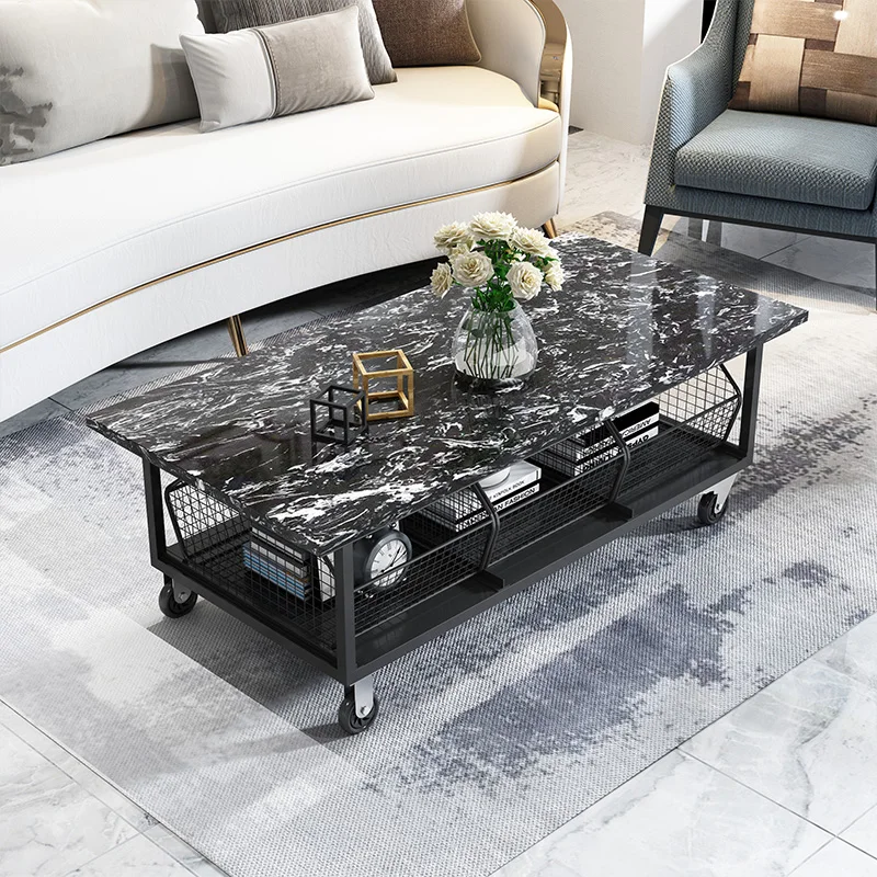 Household removable coffee table, living room with wheels multi-function, marble tea table