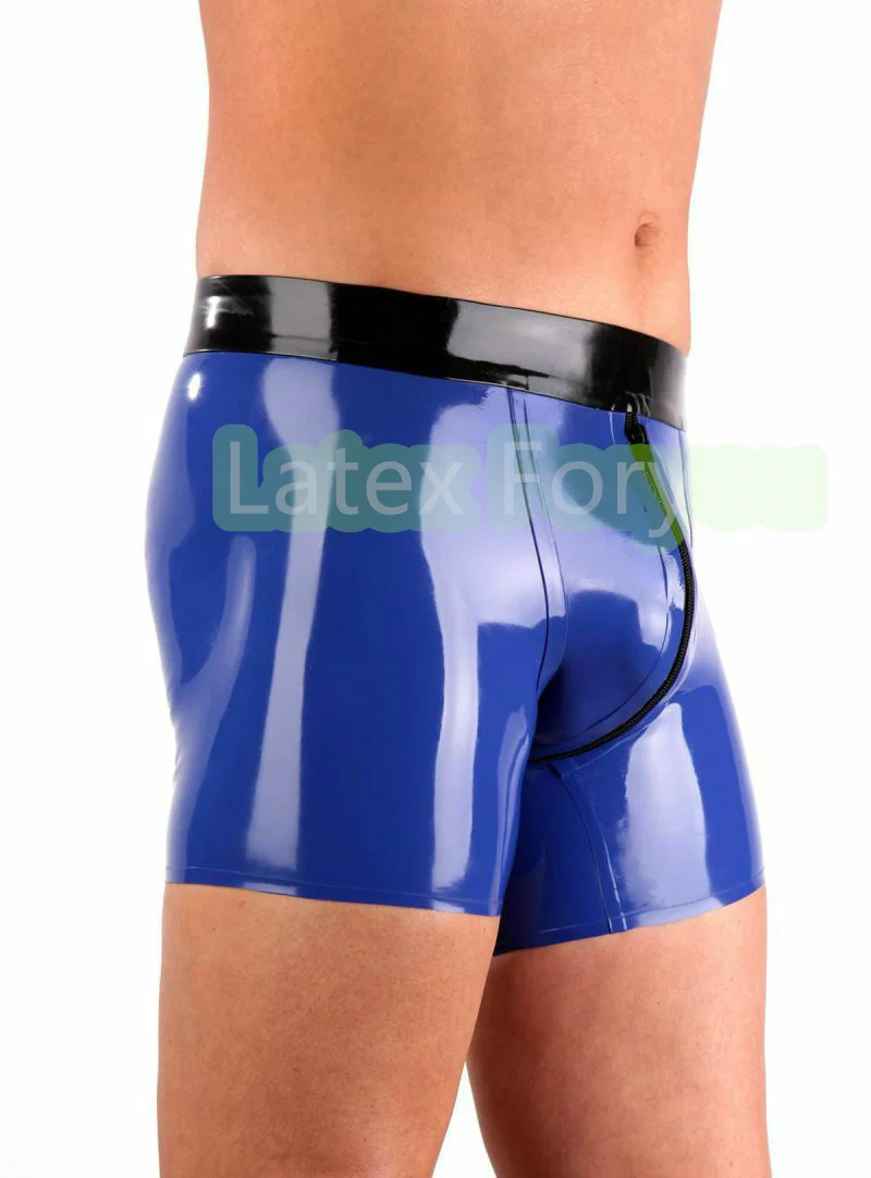 

Natural Latex Men Dark Blue With Black Panties with 3D Crotch Zip Fitted Rubber Shorts Boxer Handmade Underwear Hot Sexy Diaper