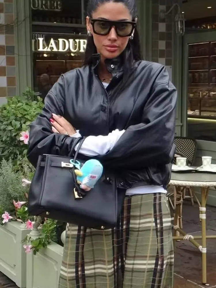 

HH женская осенняя модная однотонная водолазка из искусственной кожи, пальто-бомбер, женская повседневная однобортная куртка с длинными рукавами Mujer