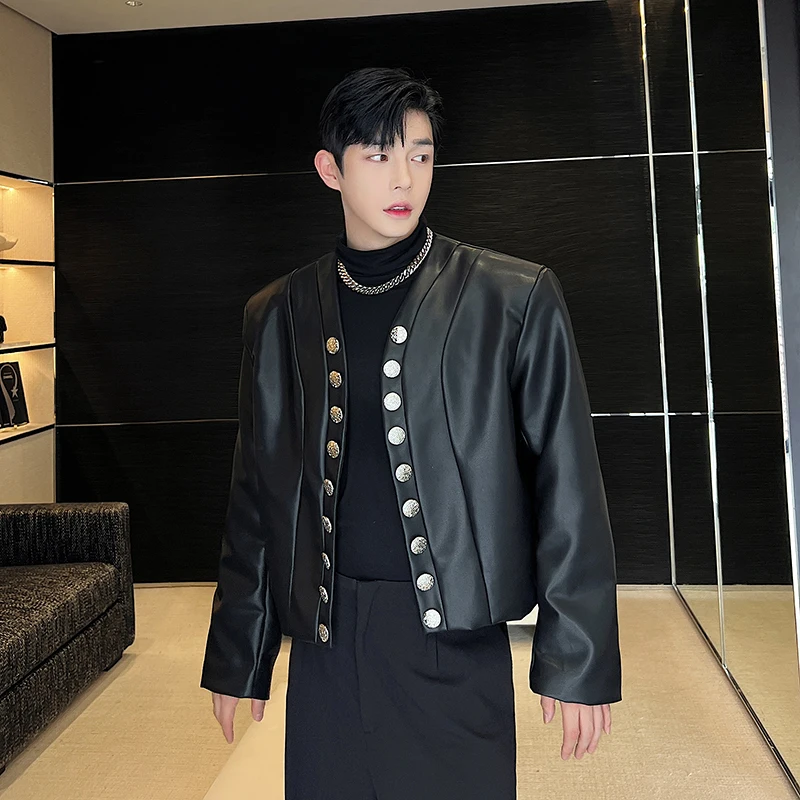 

Ele Bla с подкладкой на плечо для мужчин, декор на пуговицах, подставка, молодежное пальто из искусственной кожи, весна-осень-зима