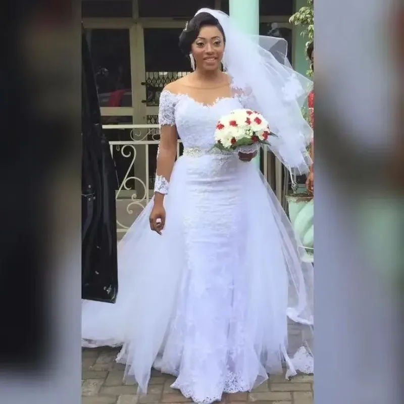 Customized African Wedding Dresses White Lace Long Sleeve Beading Belt Mermaid Removable Skirt Bridal Gowns