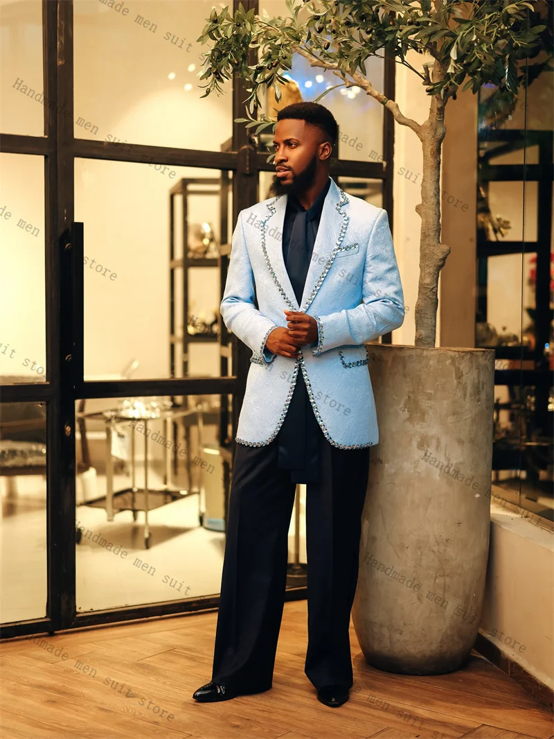

Crystals Blue Men Suit Set 2 Piece Blazer+Cotton Pants Prom Wedding Tuxedos Coat Customized Formal Office Fashion Jacket