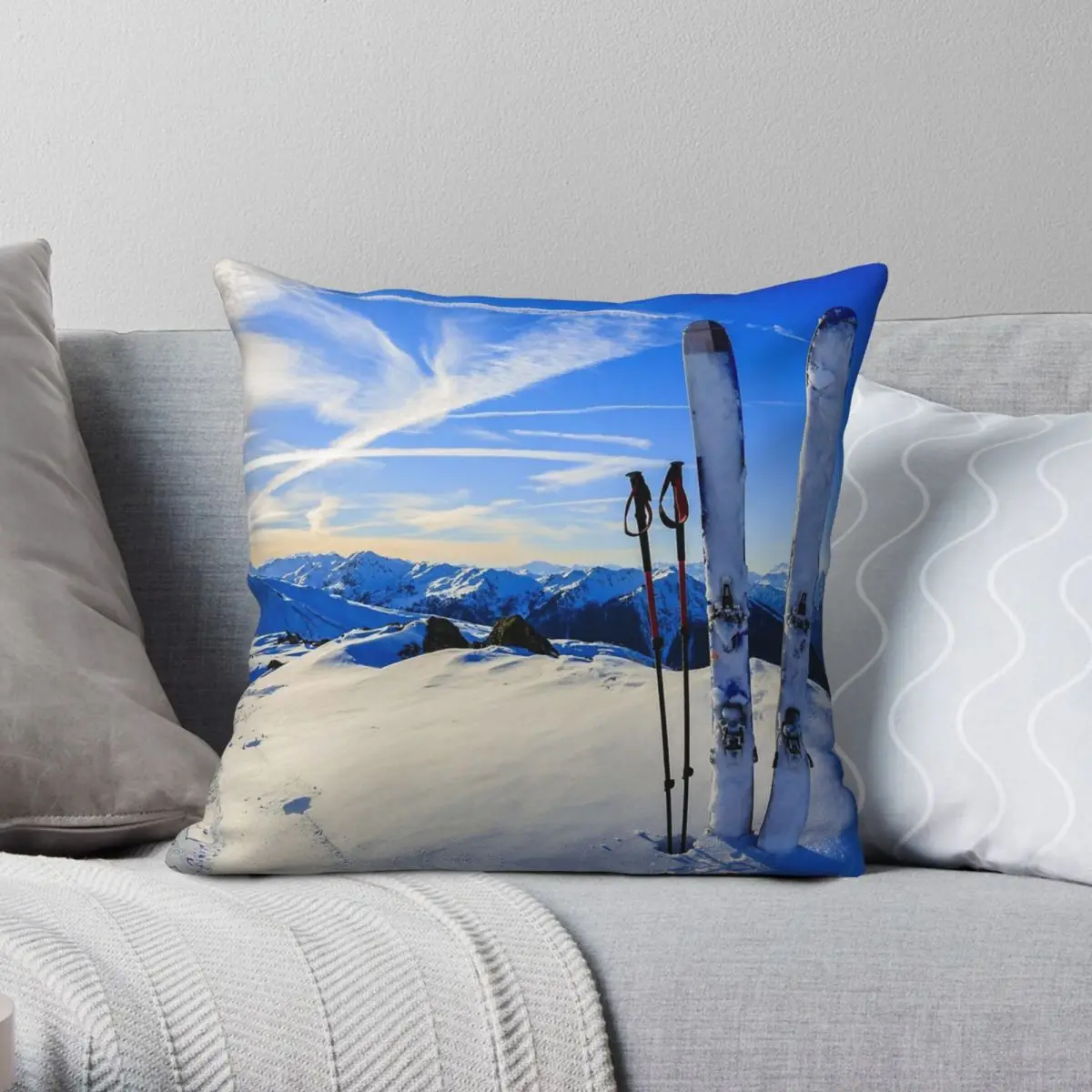 Ski Mountain Scene Square Pillowcase Polyester Linen Velvet Creative Zip Decorative Throw Pillow Case Sofa Cushion Cover