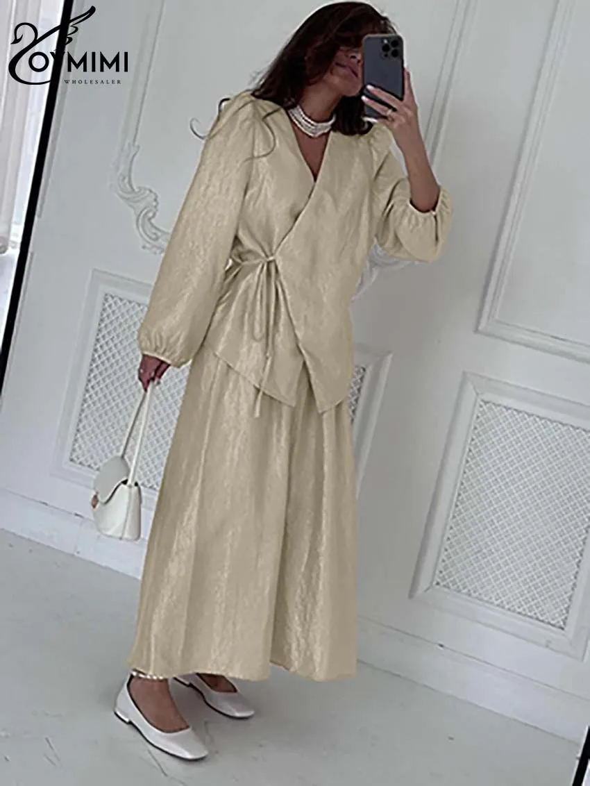 Oymimi Fahsion Khaki Loose Two Piece Set For Women Causal Long Sleeve V-Neck Lace-Up Shirts And High Waist Pleated Skirts Sets