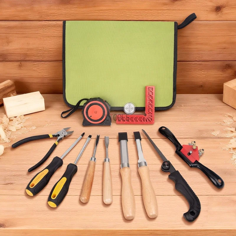 12Pcs Woodworking Carving Tool Set Chisel Mini Hand Plane Pliers Screwdriver Tape Measure Canvas Storage Bag Portable Hand Tools