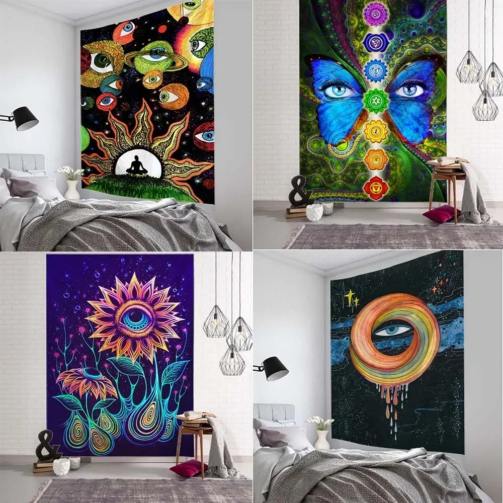 Customizable Tapestry Wall Hanging Plant Floral Hippie Eye Wall Blanket Home Decor Starry Sky Background Fabric Bed Sheet