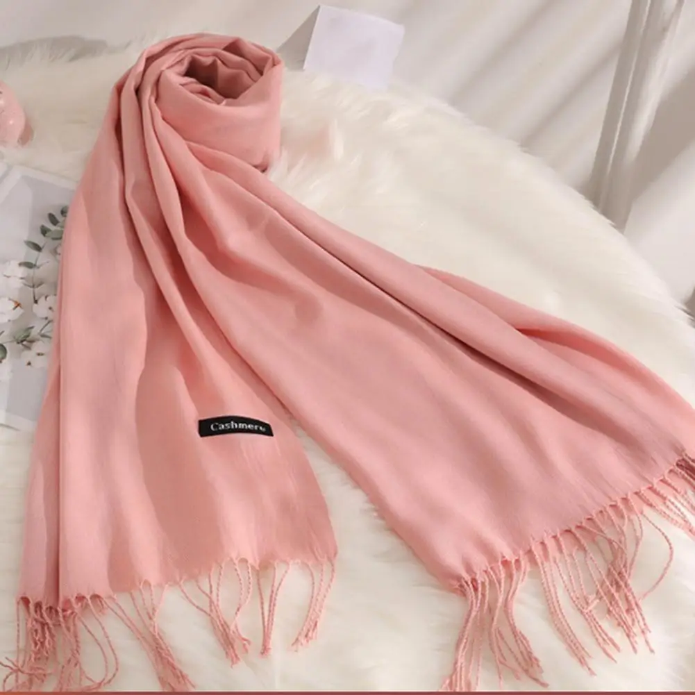 Thickened Faux Cashmere Tassel Women Scarf Solid Color Scarf Wide Long Cozy Windproof Cold Resistant Decorative Ladies Scarf