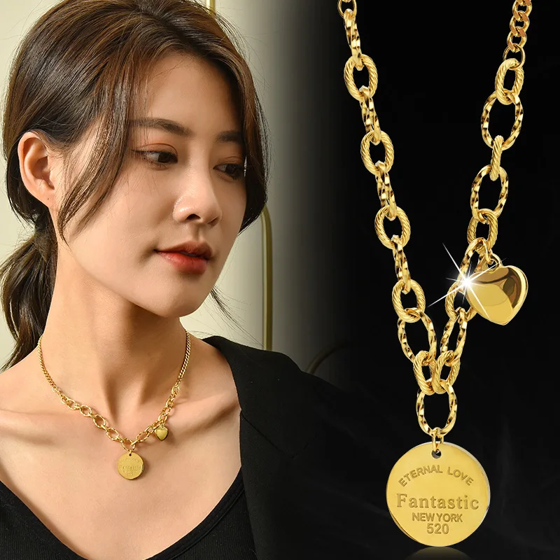 2025 Titanium steel universal thick chain spliced necklace, female heart geometric round plate pendant, collarbone chain
