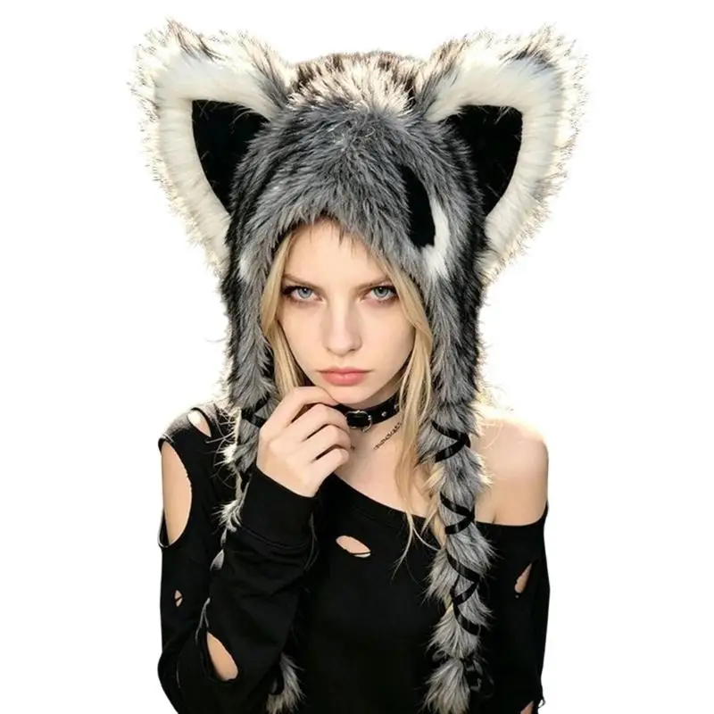 31BB Raccoon Plush Hat with Ear Covering Panels and Ribbon Tied Braids for Outdoor