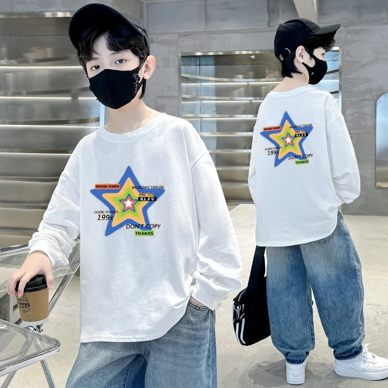 Spring Autumn Kids Boys Cotton T-shirt with Star Print School Child Long Sleeve Tshirt White Color Casual Tee Shirt Tops 5-14 Y
