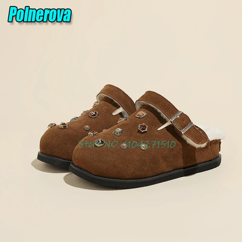 Autumn Winter Gemstone Decor Thick Soled Half Slippers Metal Buckle Inside Plush Flat Mules Frosted Leather Women's Casual Shoes