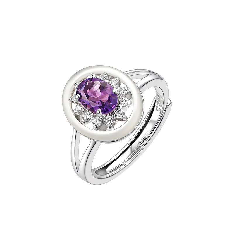BOCAI New S925 Pure Silver Simple Hollow Out Oval Shaped Natural Amethyst White Shell Open Ring Women's Selected Gift