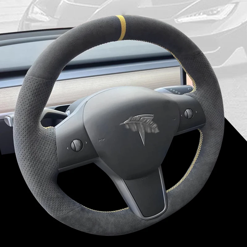 

DIY Hand Sewing Car Steering Wheel Cover for Tesla Model 3 Modely X S Car Suede Interior Accessories Carbon Ash