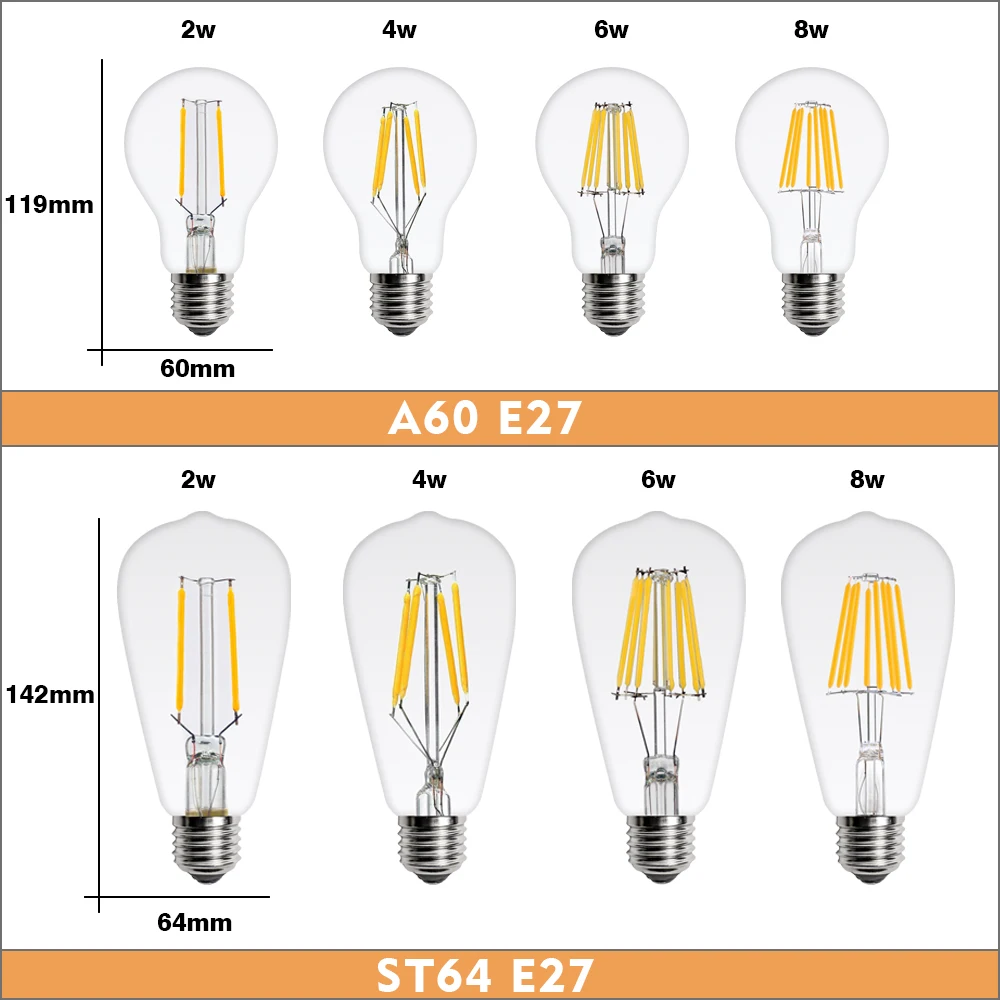 2 peças/lote E27 E14 Retro Vintage Edison Lâmpada LED Filamento Lâmpada 220V 240V Vidro Lâmpada C35 A60 ST64 G45 G80 G95 Luz de Vela